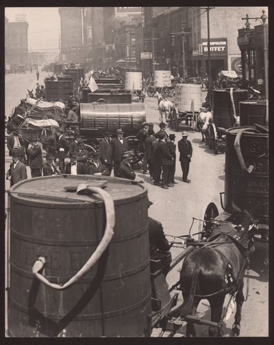 Horse-drawn Carts Pulling Water Casks with Men Standing in Front by William G. Swekosky